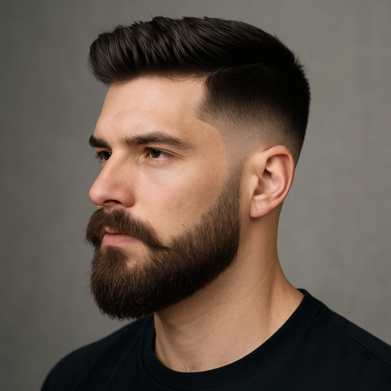 Drop fade with beard and mustache